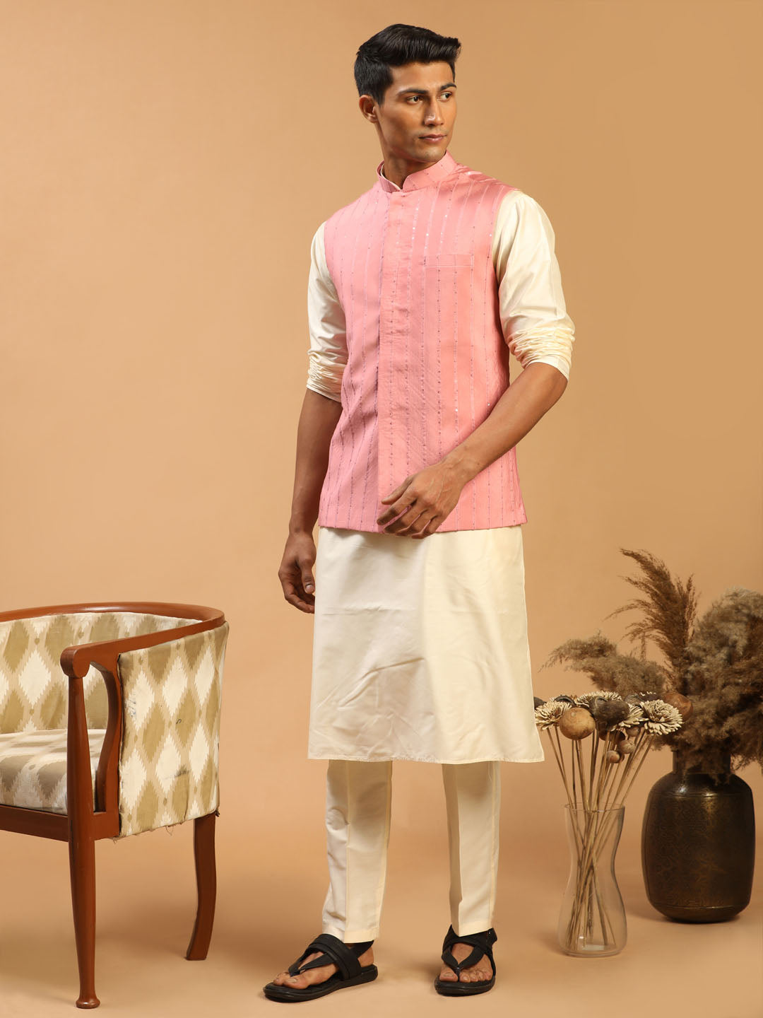 Men's Cream Viscose Straight Jacket  Kurta and Pyjama Set