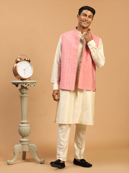 Men's Cream Cotton Blend Straight Jacket  Kurta and Pyjama Set