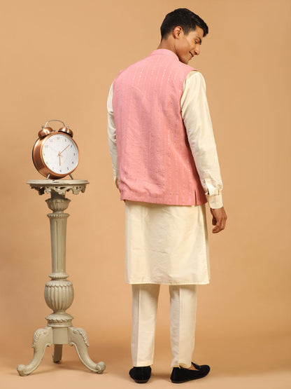 Men's Cream Cotton Blend Straight Jacket  Kurta and Pyjama Set