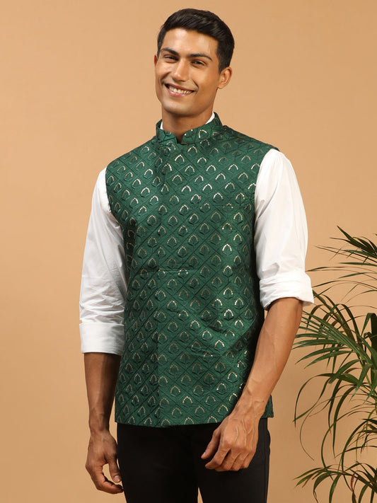 Men's Green Silk Blend Straight Nehru Jacket