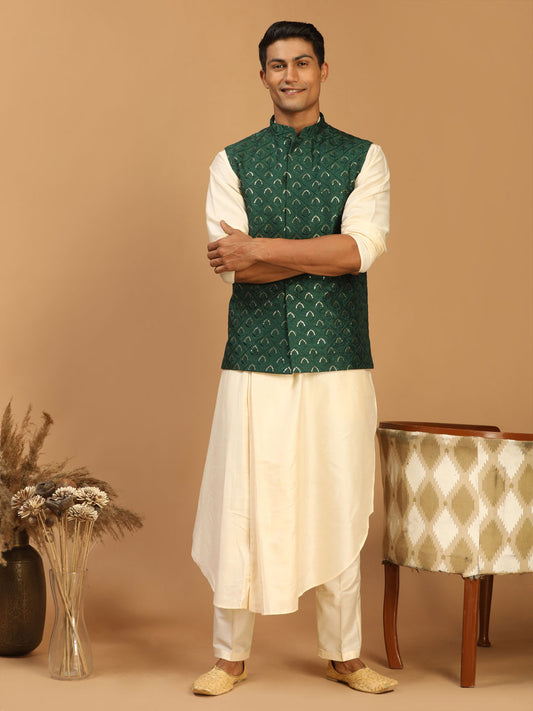 Men's Cream Cotton Blend Straight Jacket  Kurta and Pyjama Set