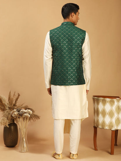 Men's Cream Cotton Blend Straight Jacket  Kurta and Pyjama Set