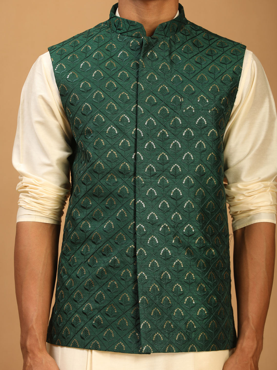 Men's Cream Cotton Blend Straight Jacket  Kurta and Pyjama Set