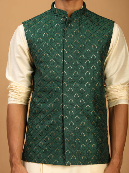Men's Cream Cotton Blend Straight Jacket  Kurta and Pyjama Set