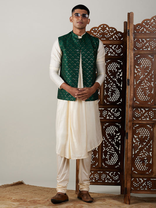 Men's Cream Cotton Blend Straight Jacket  Kurta and Pyjama Set