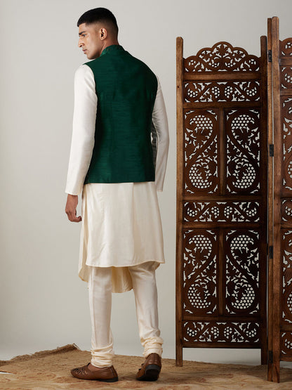 Men's Cream Cotton Blend Straight Jacket  Kurta and Pyjama Set
