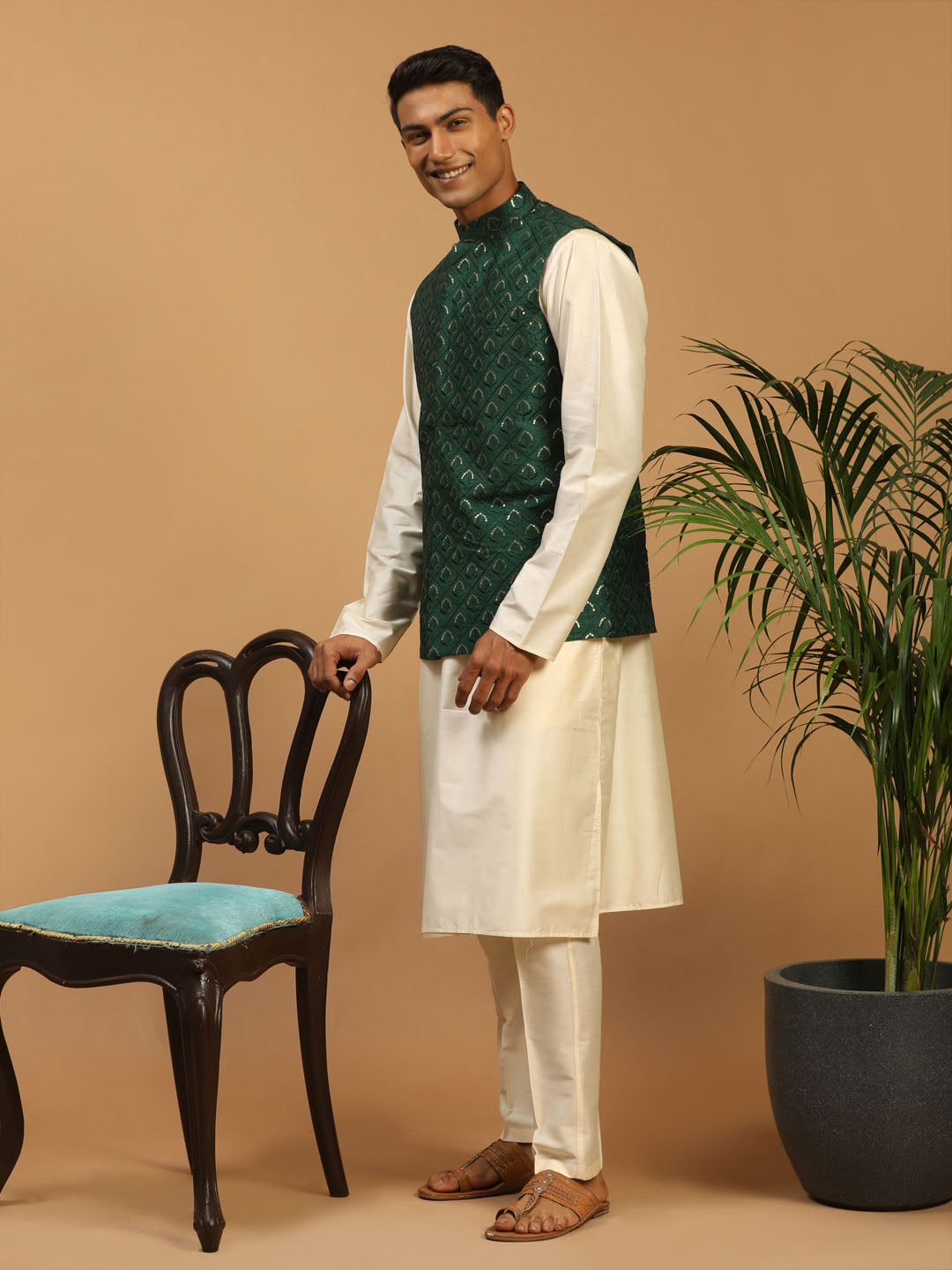 Men's Cream Cotton Blend Straight Jacket  Kurta and Pyjama Set
