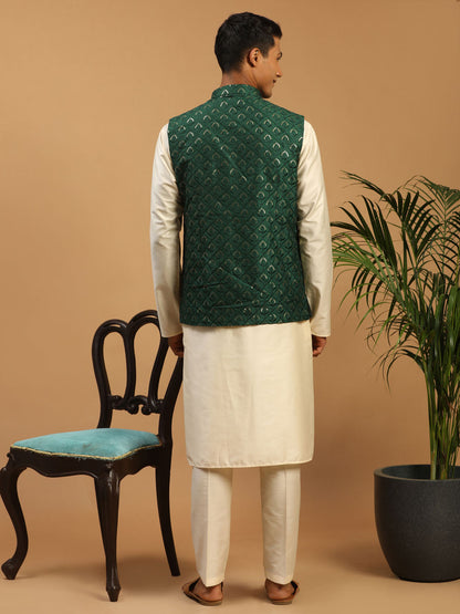 Men's Cream Cotton Blend Straight Jacket  Kurta and Pyjama Set