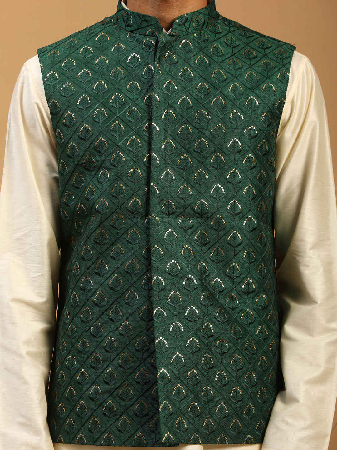 Men's Cream Cotton Blend Straight Jacket  Kurta and Pyjama Set