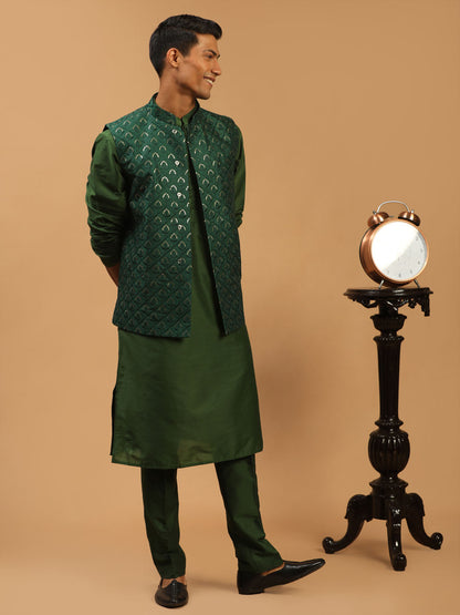 Men's Green Silk Blend Straight Jacket  Kurta and Pyjama Set