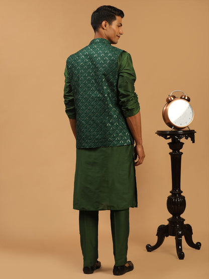 Men's Green Silk Blend Straight Jacket  Kurta and Pyjama Set