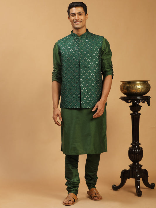 Men's Green Silk Blend Straight Jacket  Kurta and Pyjama Set