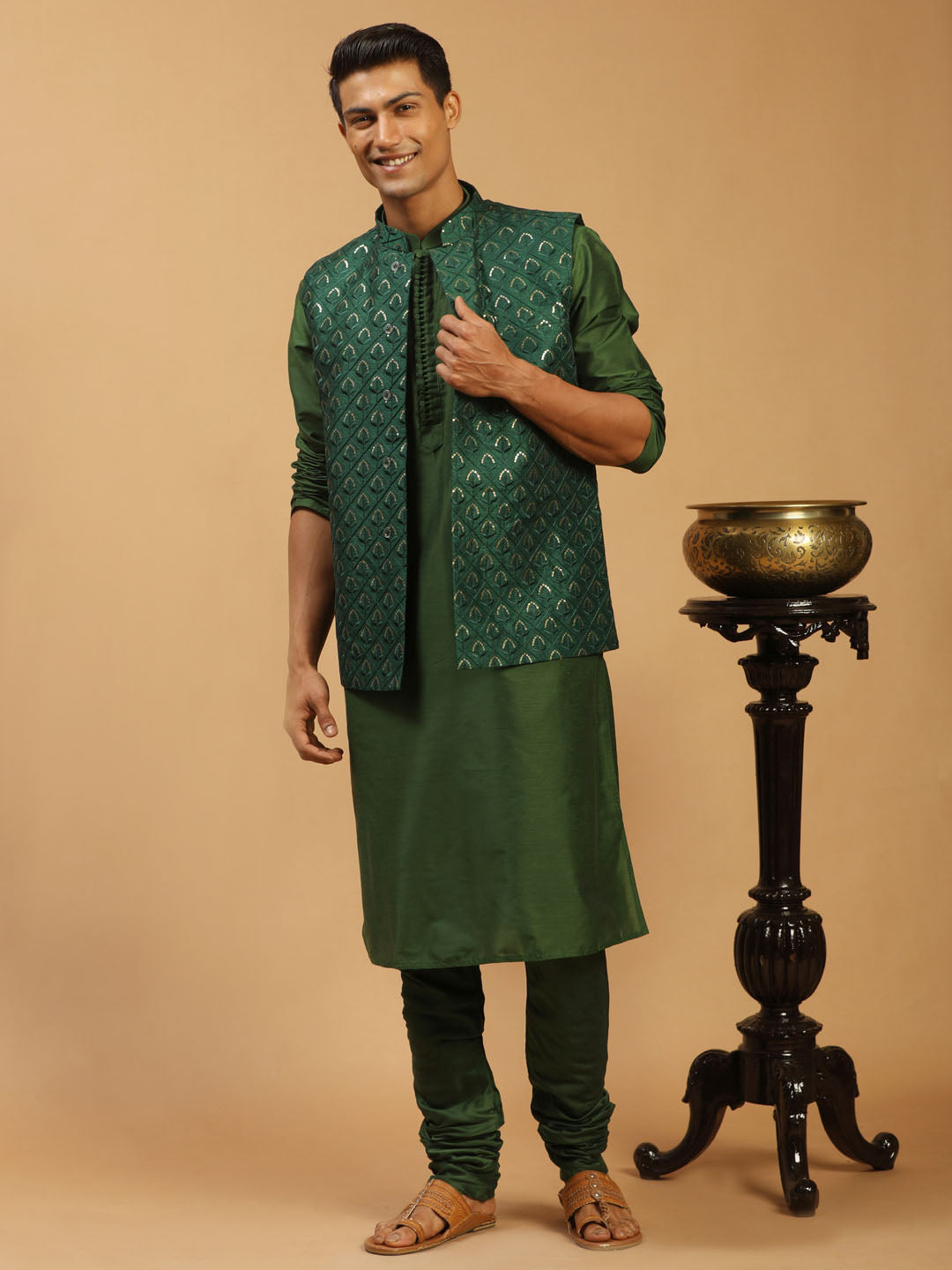 Men's Green Silk Blend Straight Jacket  Kurta and Pyjama Set