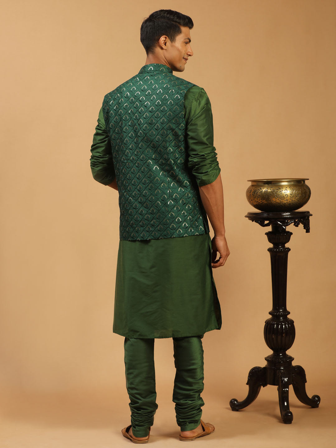 Men's Green Silk Blend Straight Jacket  Kurta and Pyjama Set