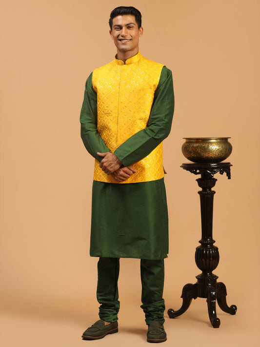 Men's Green Silk Blend Regular Jacket  Kurta and Pyjama Set