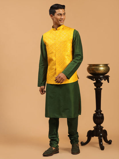 Men's Green Silk Blend Regular Jacket  Kurta and Pyjama Set