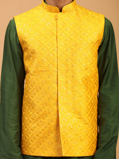 Men's Green Silk Blend Regular Jacket  Kurta and Pyjama Set