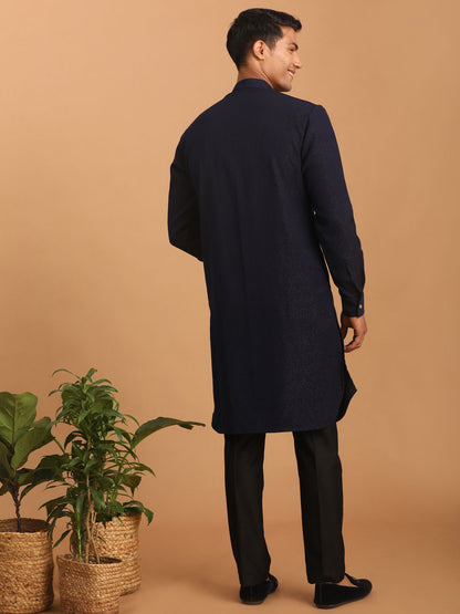 Men's Navy Blue Cotton Blend Straight Jacket  Kurta and Pyjama Set