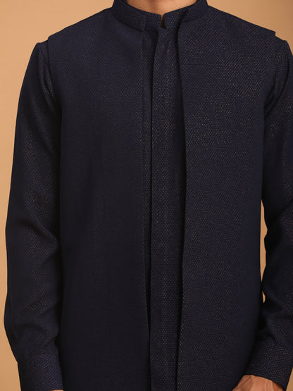 Men's Navy Blue Cotton Blend Straight Jacket  Kurta and Pyjama Set