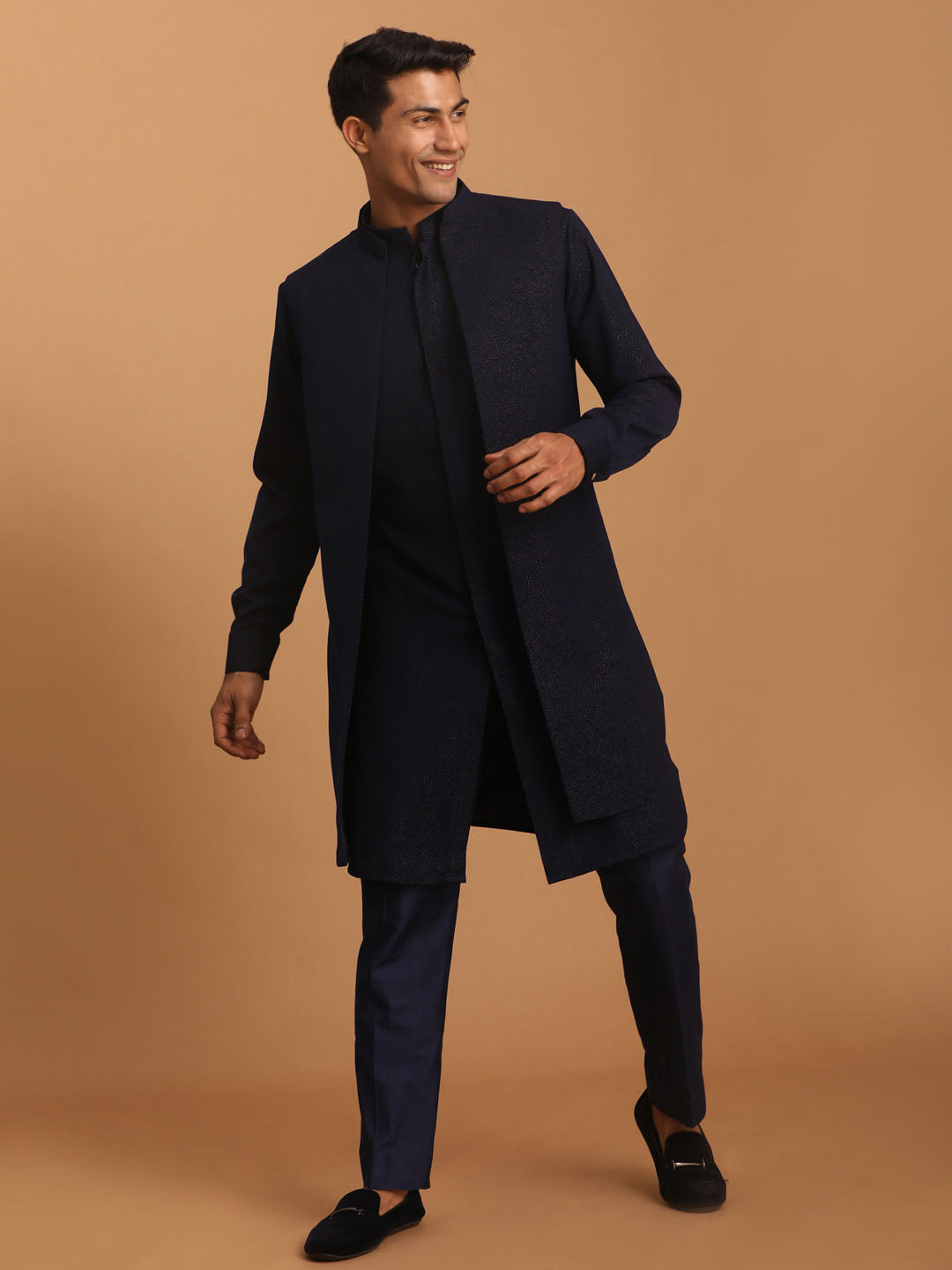 Men's Navy Blue Cotton Blend Straight Jacket  Kurta and Pyjama Set