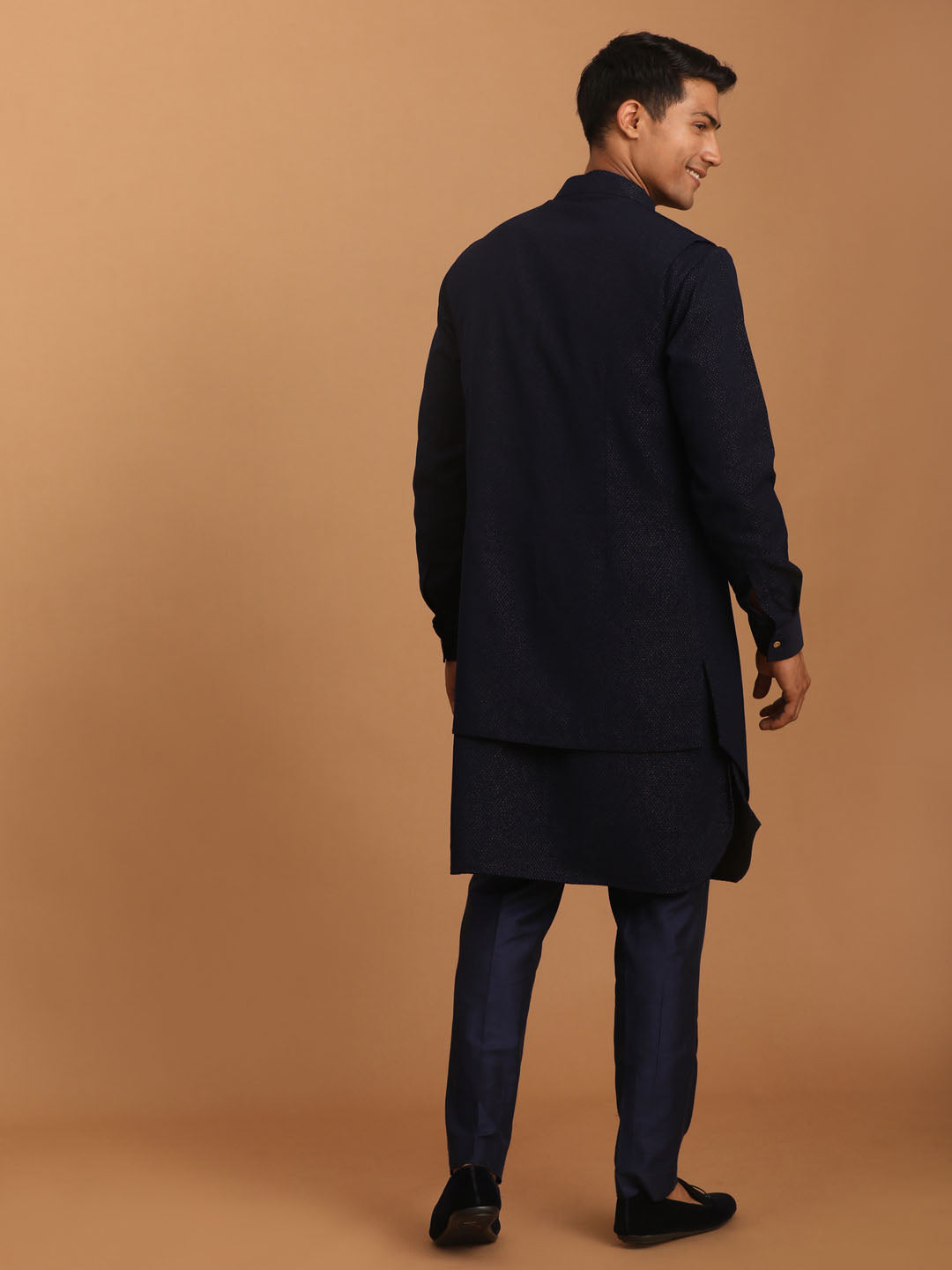 Men's Navy Blue Cotton Blend Straight Jacket  Kurta and Pyjama Set