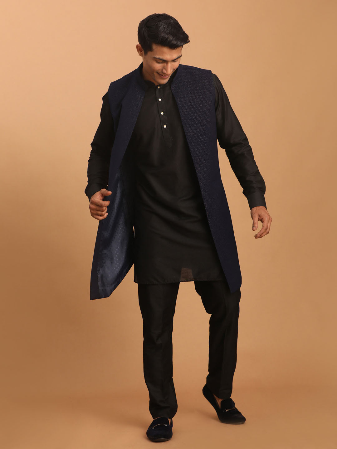 Men's Black Viscose Straight Jacket  Kurta and Pyjama Set