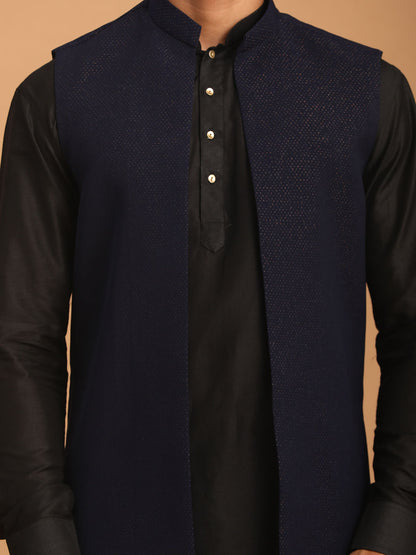 Men's Black Viscose Straight Jacket  Kurta and Pyjama Set