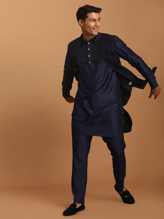 Men's Navy Blue Viscose Straight Jacket  Kurta and Pyjama Set