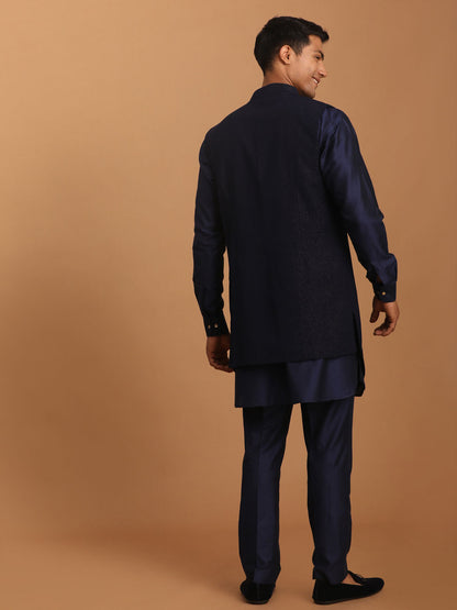 Men's Navy Blue Viscose Straight Jacket  Kurta and Pyjama Set