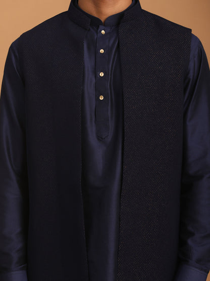 Men's Navy Blue Viscose Straight Jacket  Kurta and Pyjama Set