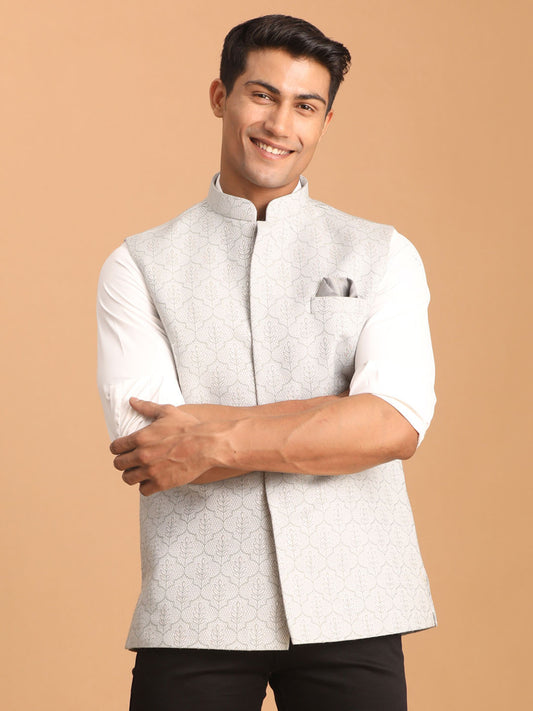 Men's Grey Silk Blend Straight Nehru Jacket