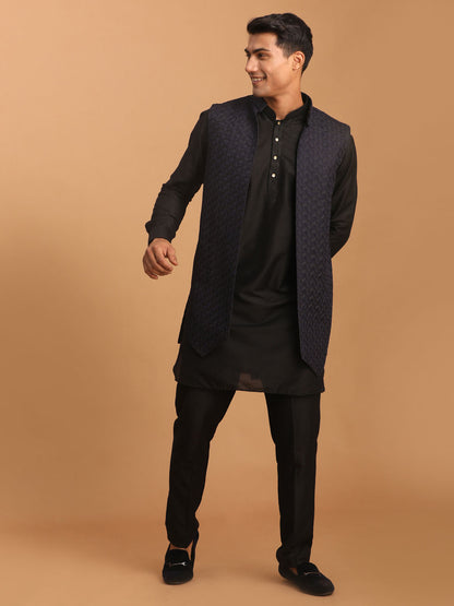 Men's Black Viscose Regular Jacket  Kurta and Pyjama Set
