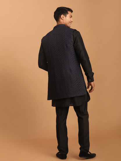 Men's Black Viscose Regular Jacket  Kurta and Pyjama Set