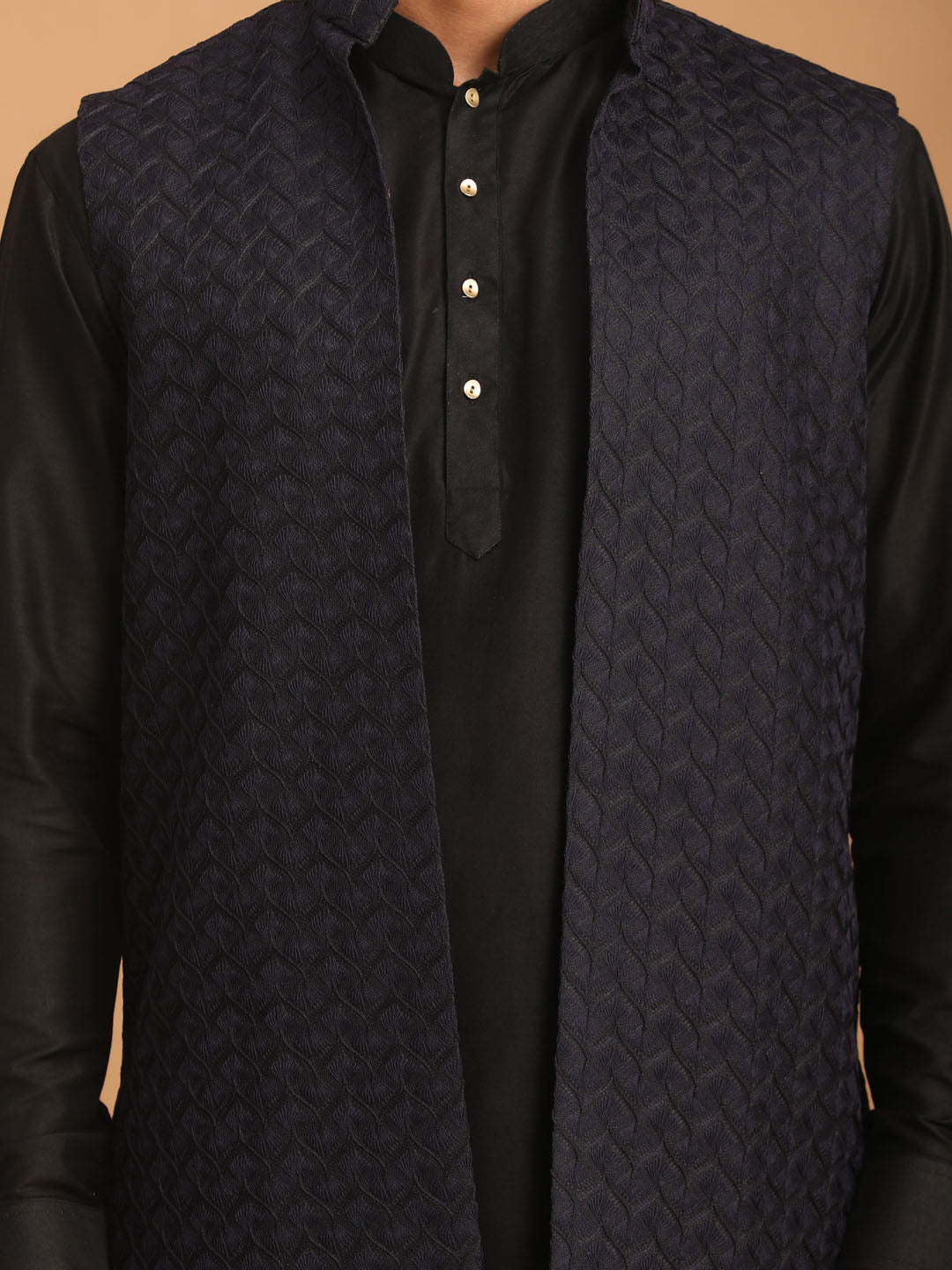 Men's Black Viscose Regular Jacket  Kurta and Pyjama Set
