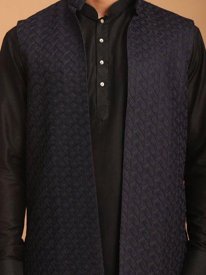 Men's Black Viscose Regular Jacket  Kurta and Pyjama Set