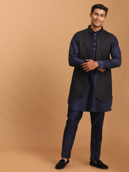 Men's Navy Blue Viscose Regular Jacket  Kurta and Pyjama Set