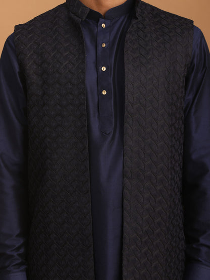 Men's Navy Blue Viscose Regular Jacket  Kurta and Pyjama Set