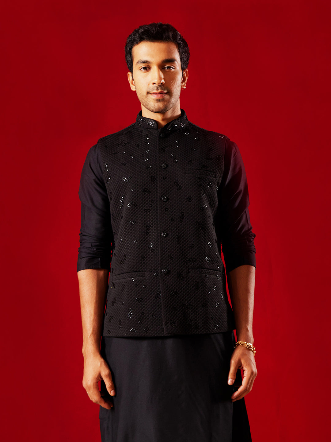 Men's Black Silk Blend Straight Nehru Jacket