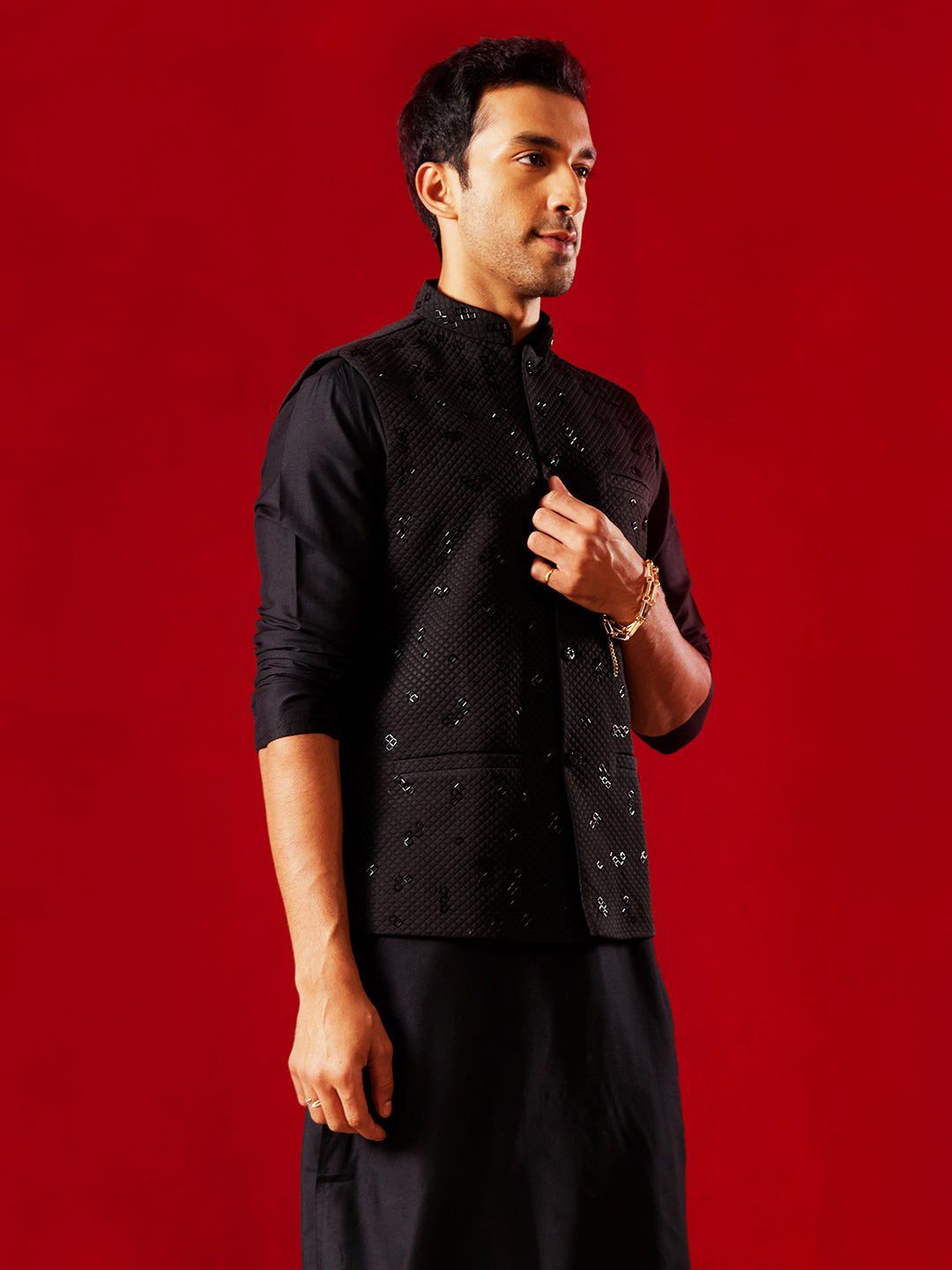 Men's Black Silk Blend Straight Nehru Jacket