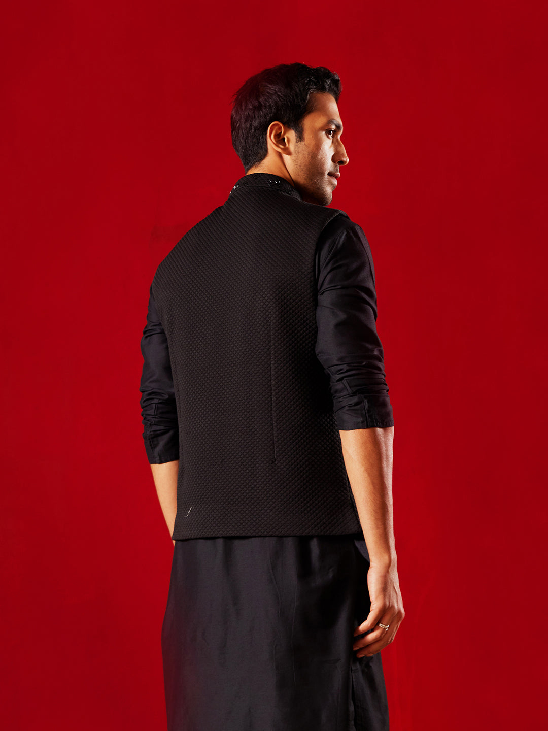 Men's Black Silk Blend Straight Nehru Jacket
