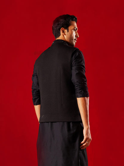 Men's Black Silk Blend Straight Nehru Jacket