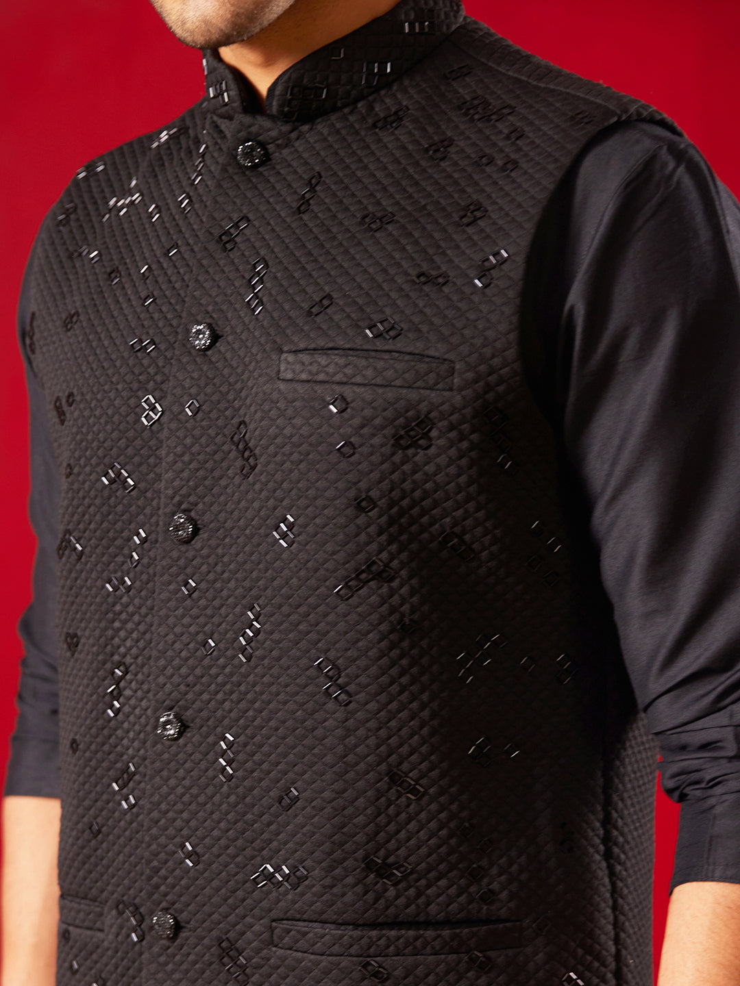 Men's Black Silk Blend Straight Nehru Jacket