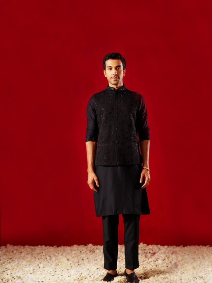 Men's Black Silk Blend Straight Nehru Jacket