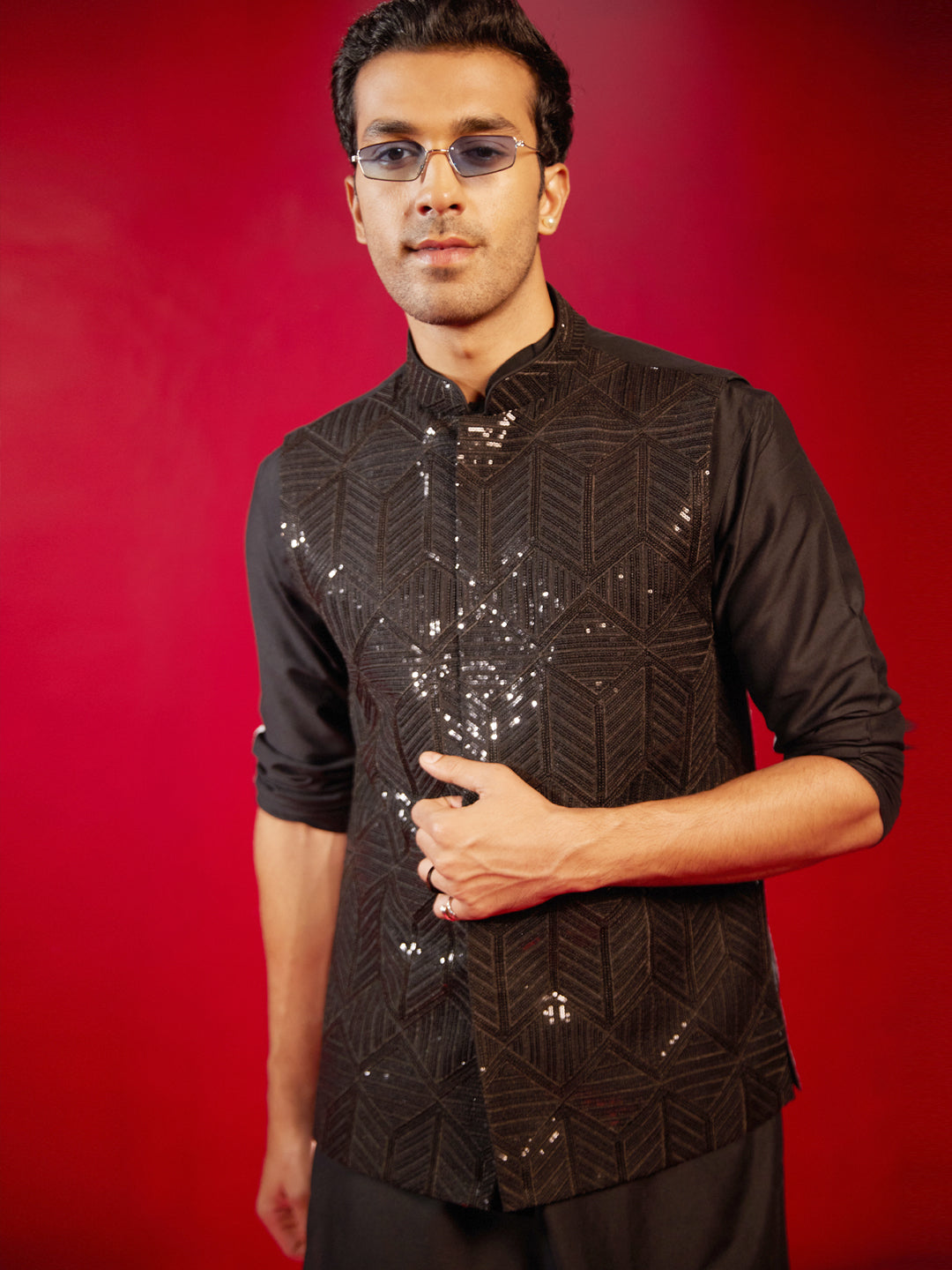 Men's Black Cotton Blend Straight Nehru Jacket