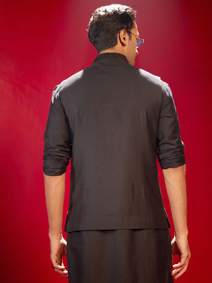 Men's Black Cotton Blend Straight Nehru Jacket
