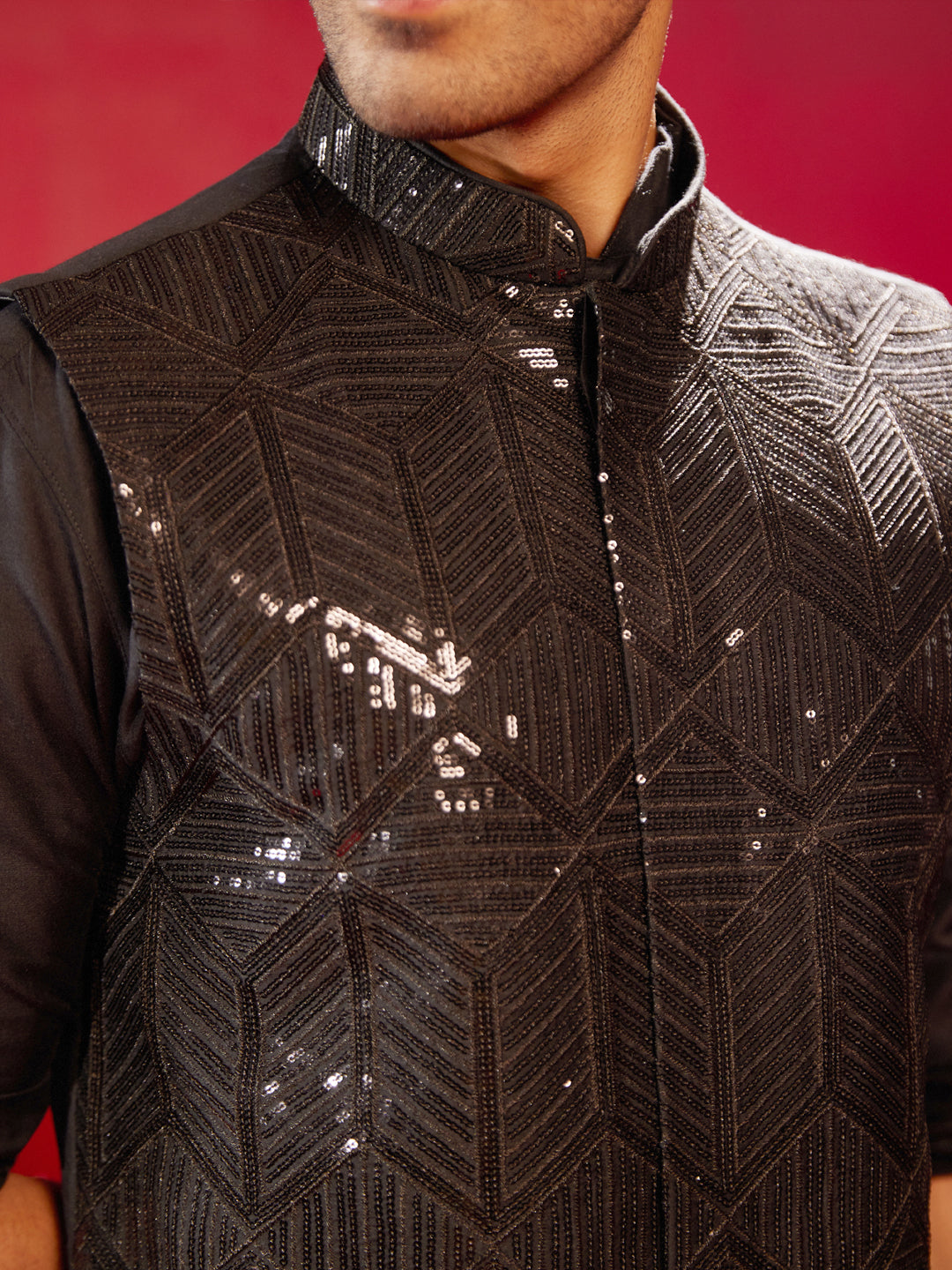 Men's Black Cotton Blend Straight Nehru Jacket