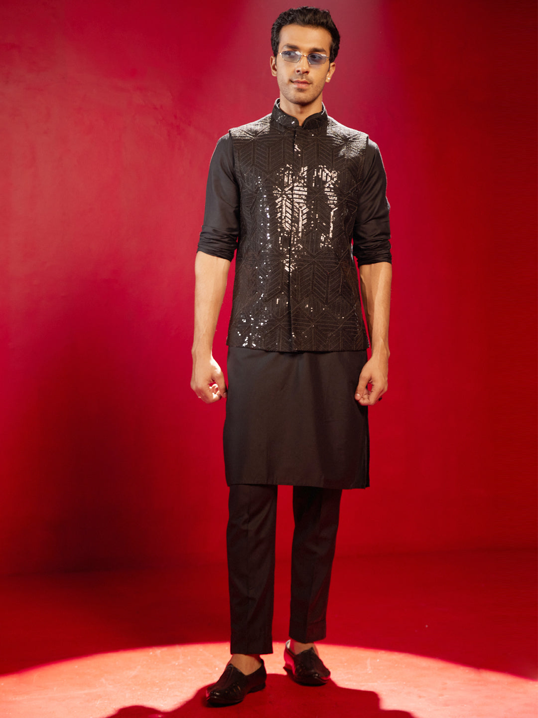 Men's Black Cotton Blend Straight Nehru Jacket