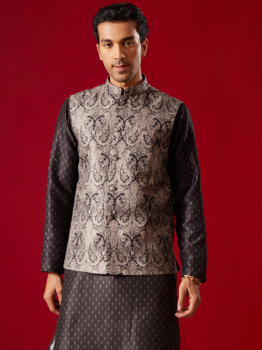Men's Black Silk Blend Straight Nehru Jacket