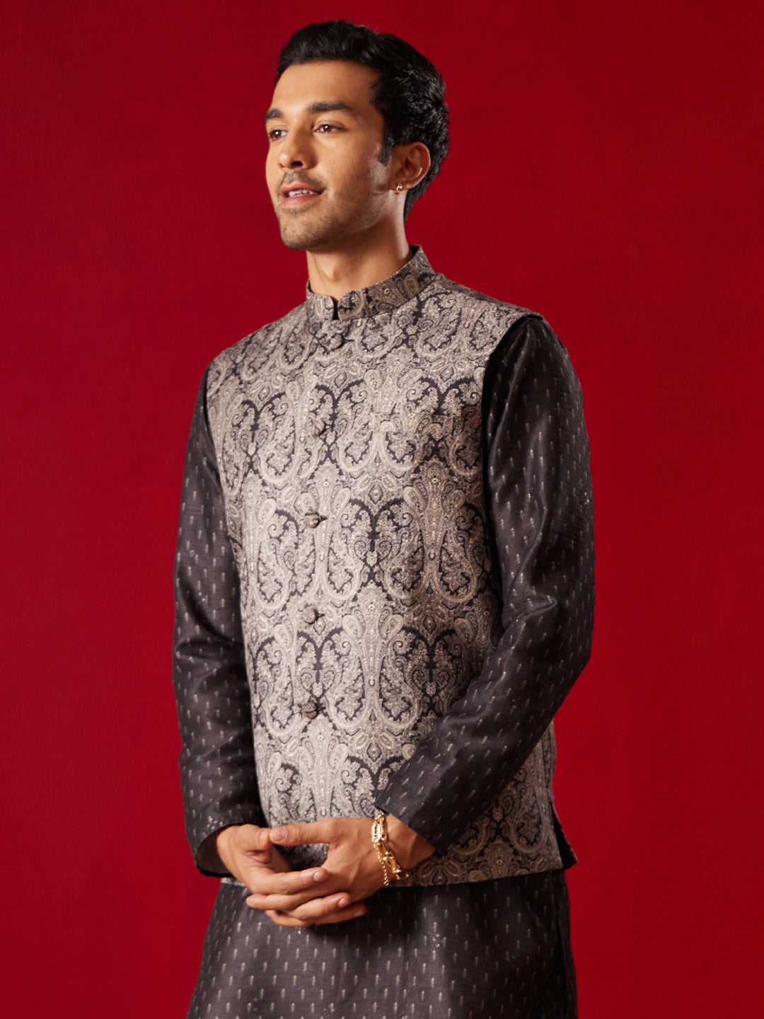 Men's Black Silk Blend Straight Nehru Jacket