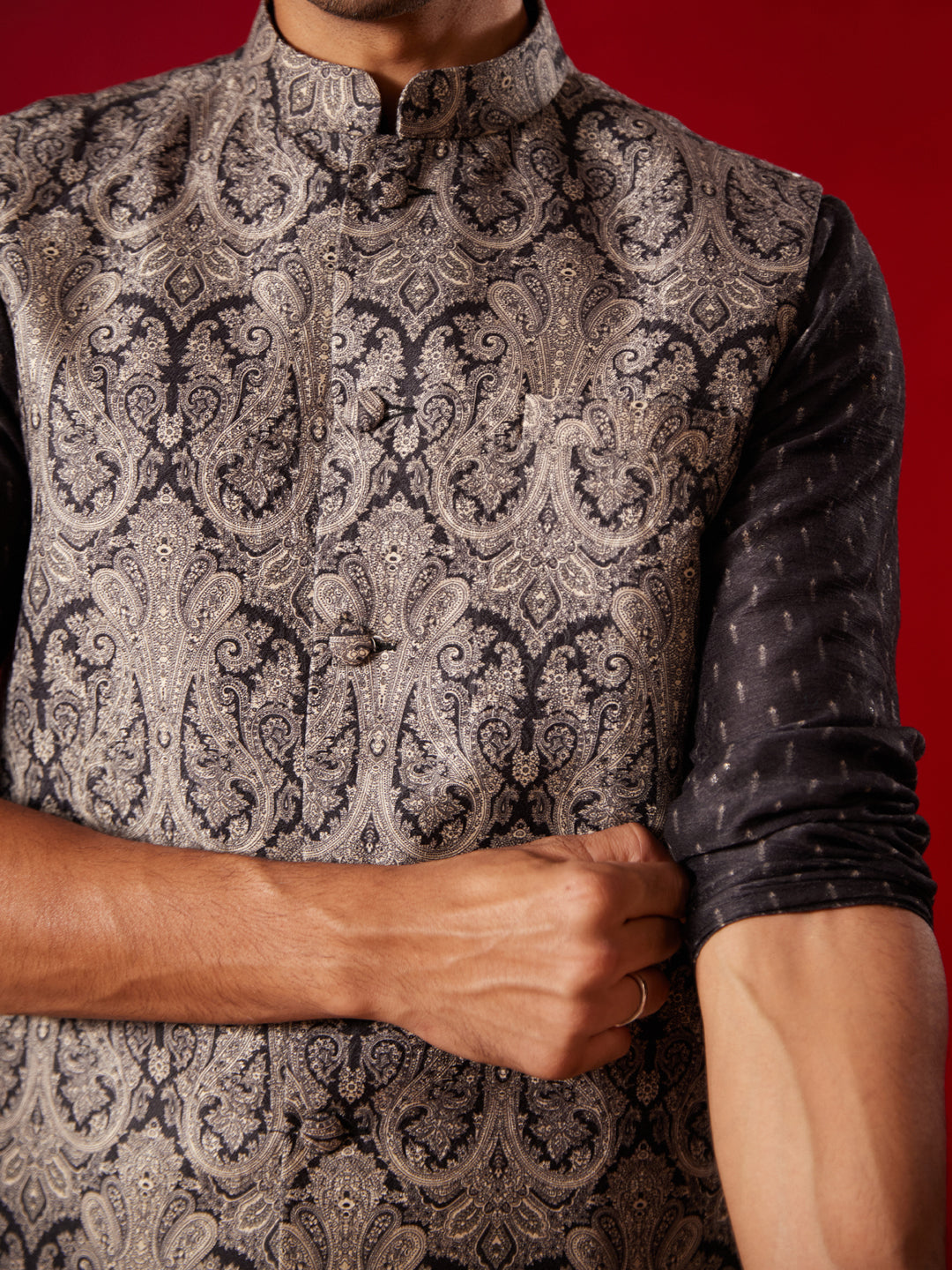 Men's Black Silk Blend Straight Nehru Jacket